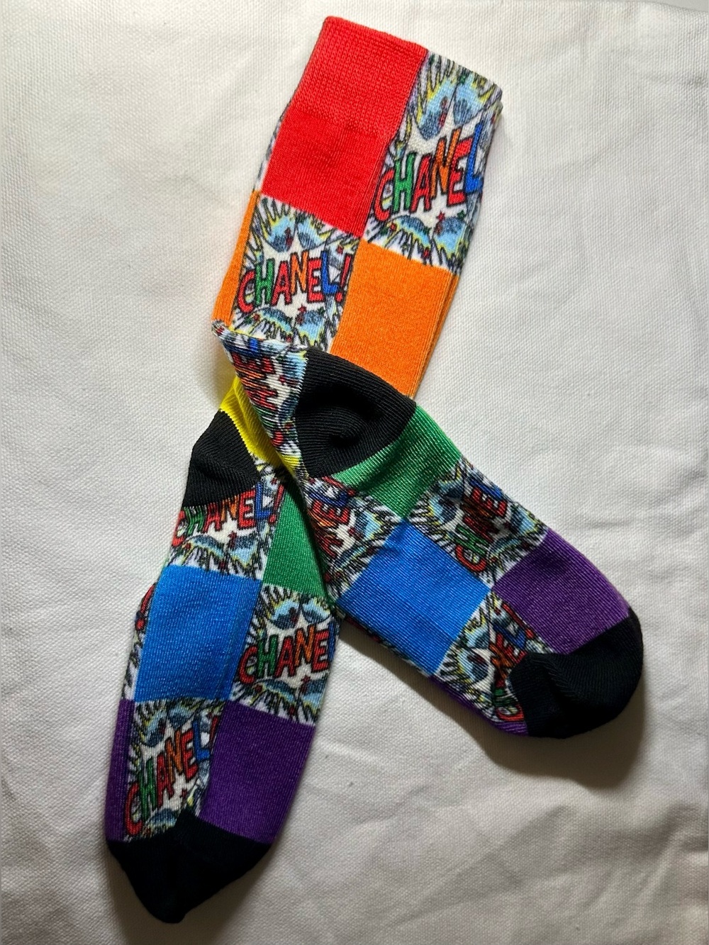 CHANEL Inspired Multicolored Crew Socks Rainbow Patchwork/ Novelty Gift NWT